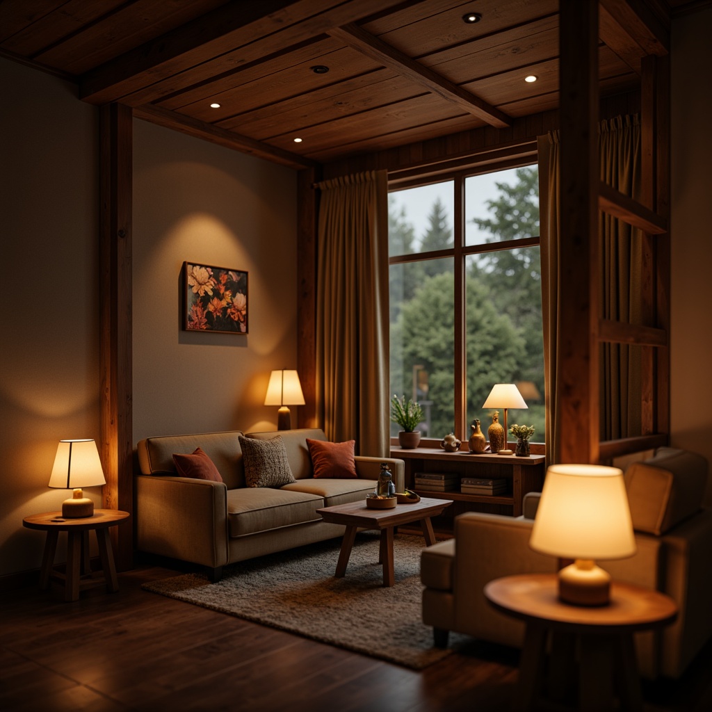 Prompt: Warm ambient lighting, cozy reading nooks, floor lamps, table lamps, pendant lights, LED strips, dimmable fixtures, soft warm glows, relaxing atmosphere, comfortable seating areas, natural textures, wood accents, earthy tones, calming colors, serene ambiance, layered lighting effects, 1/2 composition, shallow depth of field, realistic rendering.