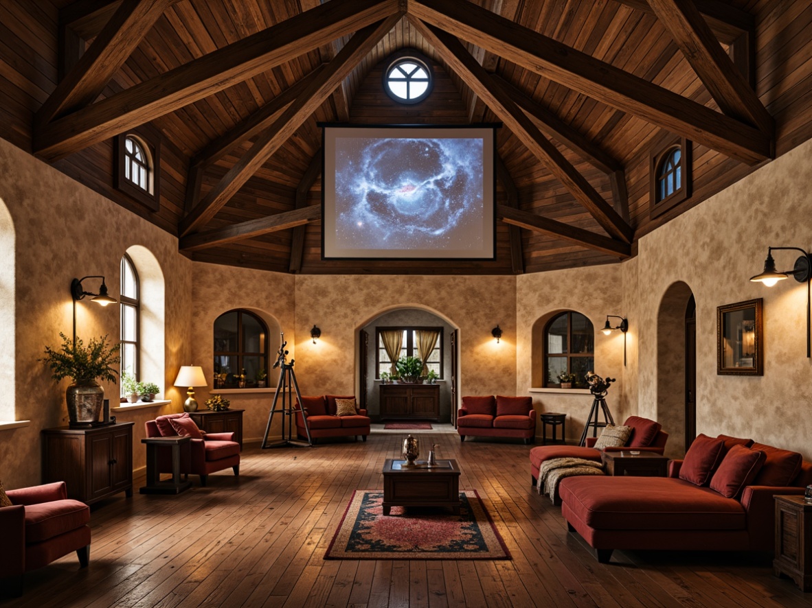 Prompt: Rustic planetarium interior, wooden beams, distressed stone walls, soft warm lighting, starry night sky projection, celestial body displays, astronomical equipment, vintage telescopes, ornate metal fixtures, cream-colored stucco ceiling, rounded archways, French country-style furniture, plush velvet seating, rich wood tones, ambient occlusion, shallow depth of field, 1/1 composition, realistic textures, warm color palette, cozy atmosphere.