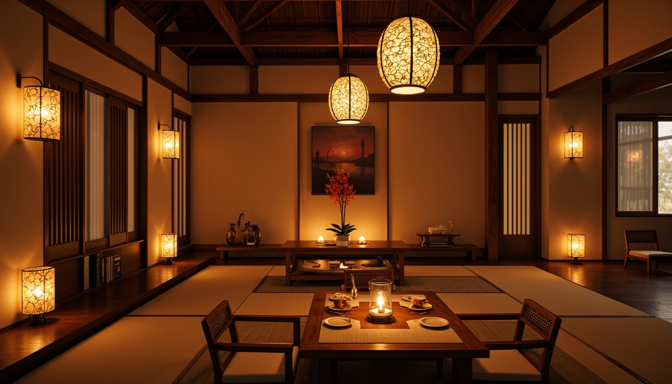 Prompt: Warm lanterns, ornate chandeliers, soft candlelight, ambient warm glow, traditional Japanese architecture, tatami mats, shoji screens, sliding doors, wooden accents, natural materials, earthy tones, subtle color palette, gentle shadows, delicate patterns, intricate wood carvings, cultural heritage inspiration, serene atmosphere, peaceful ambiance, warm beige lighting, 1/1 composition, realistic textures, ambient occlusion.