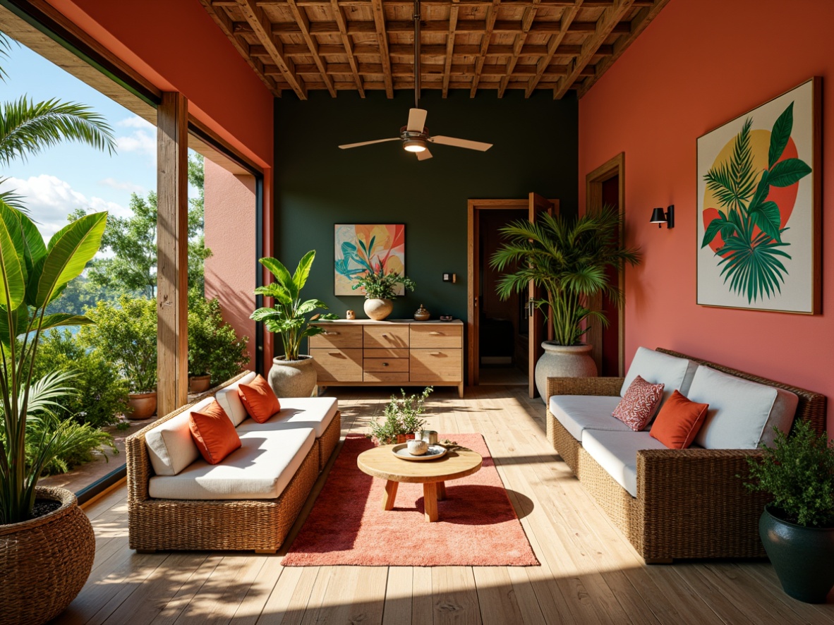 Prompt: Tropical living room, lush greenery, exotic plants, wicker furniture, natural wood accents, rattan decor, vibrant colorful textiles, bold geometric patterns, bright coral walls, wooden flooring, large windows, sliding glass doors, sunny day, soft warm lighting, shallow depth of field, 3/4 composition, panoramic view, realistic textures, ambient occlusion, cozy reading nooks, plush throw pillows, tropical-inspired artwork, natural stone vases, woven bamboo baskets.