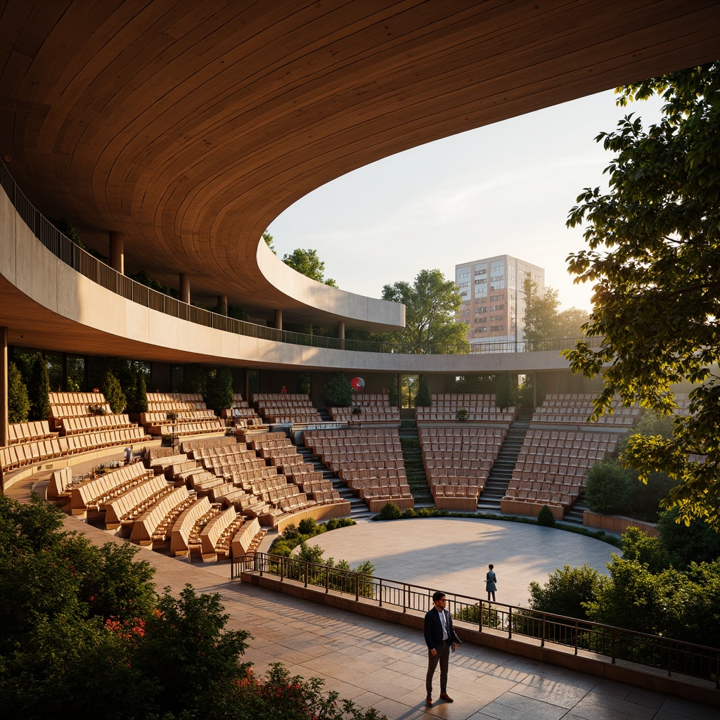 Prompt: Grand amphitheater, tiered seating, majestic architecture, warm golden lighting, dramatic spotlights, soft ambient glow, vibrant color-changing LEDs, sleek metal railings, polished stone floors, lush greenery, sunny day, gentle breeze, shallow depth of field, 3/4 composition, panoramic view, realistic textures, ambient occlusion.