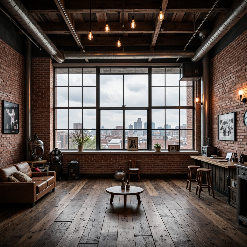 Prompt: Exposed brick walls, industrial metal beams, reclaimed wooden floors, Edison bulb lighting, vintage manufacturing equipment, distressed leather furniture, urban cityscape views, cloudy grey skies, soft natural light, shallow depth of field, 1/1 composition, realistic metallic textures, ambient occlusion, modern minimalist decor, functional steel accents, utilitarian aesthetic.