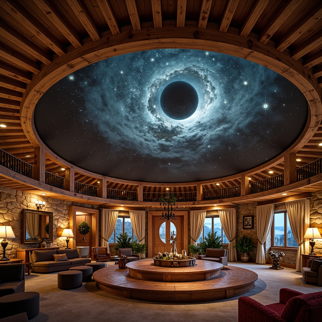 Prompt: Rustic planetarium interior, French country style decor, celestial body projections, starry night sky, soft warm lighting, wooden beam ceiling, distressed wood finishes, earthy color palette, natural stone walls, ornate metal chandeliers, vintage astronomy instruments, antique telescopes, cozy seating areas, plush velvet fabrics, intricate wood carvings, circular observation deck, 1/1 composition, warm color tones, realistic textures, ambient occlusion.