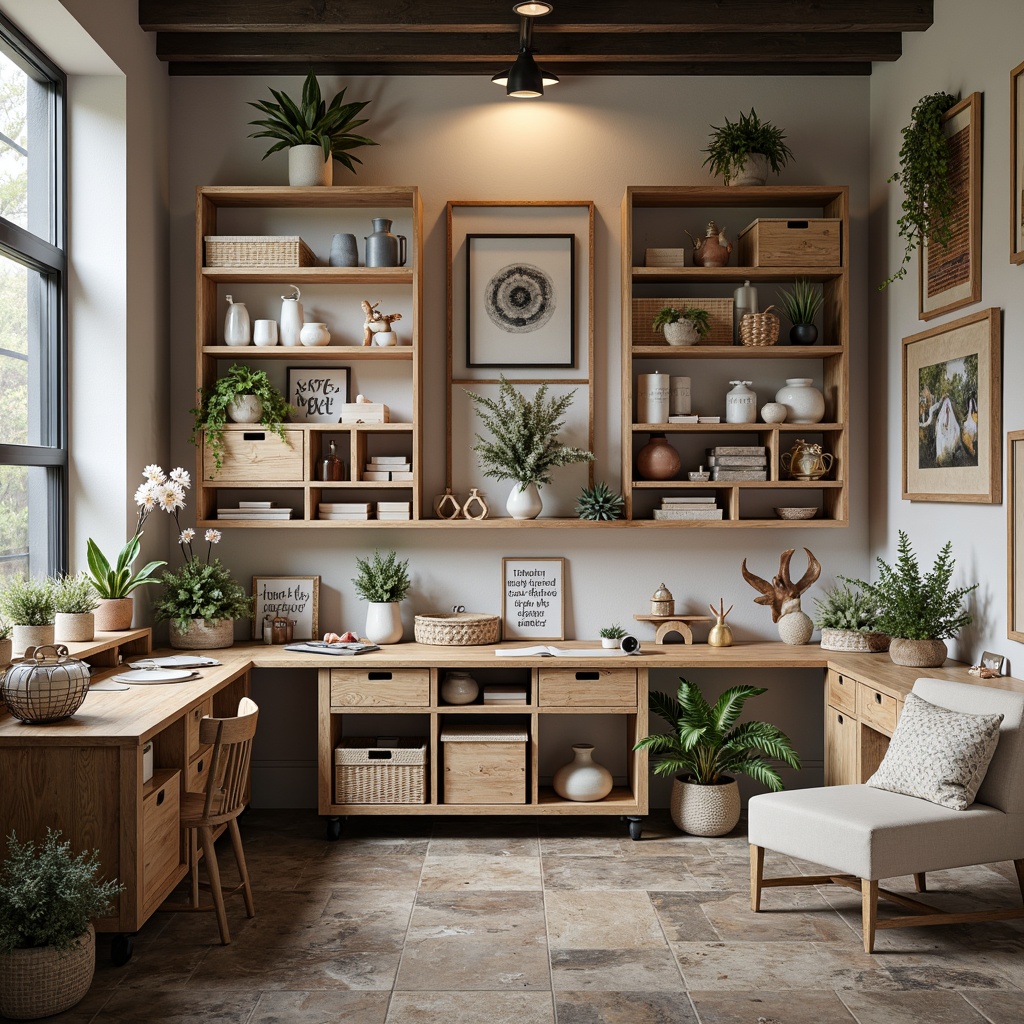 Prompt: Elegant craft room, bespoke shelving units, reclaimed wood accents, industrial metal frames, rustic wooden crates, woven baskets, pastel-colored storage bins, creative workstations, inspirational quote decals, natural stone flooring, soft warm lighting, cozy reading nook, 1/1 composition, shallow depth of field, realistic textures, ambient occlusion.