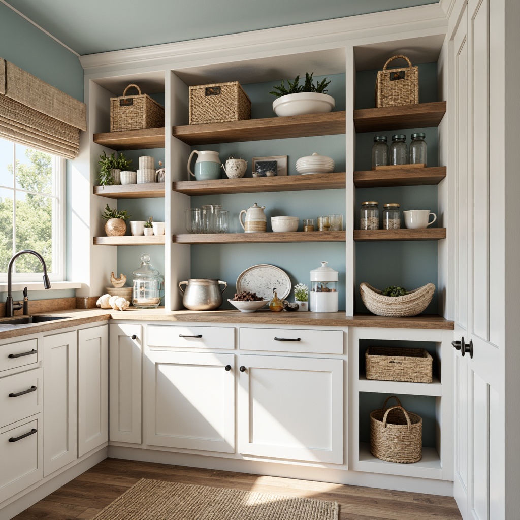 Prompt: Coastal pantry, beachy vibes, natural wood shelving, white cabinets, nautical accents, woven baskets, ocean-inspired decor, soft blue hues, sandy beige tones, driftwood finishes, rustic metal hardware, open shelving for display, decorative glass jars, vintage marine artifacts, pendant lighting, airy feel, shallow depth of field, 1/1 composition, warm natural lighting, realistic textures, ambient occlusion.