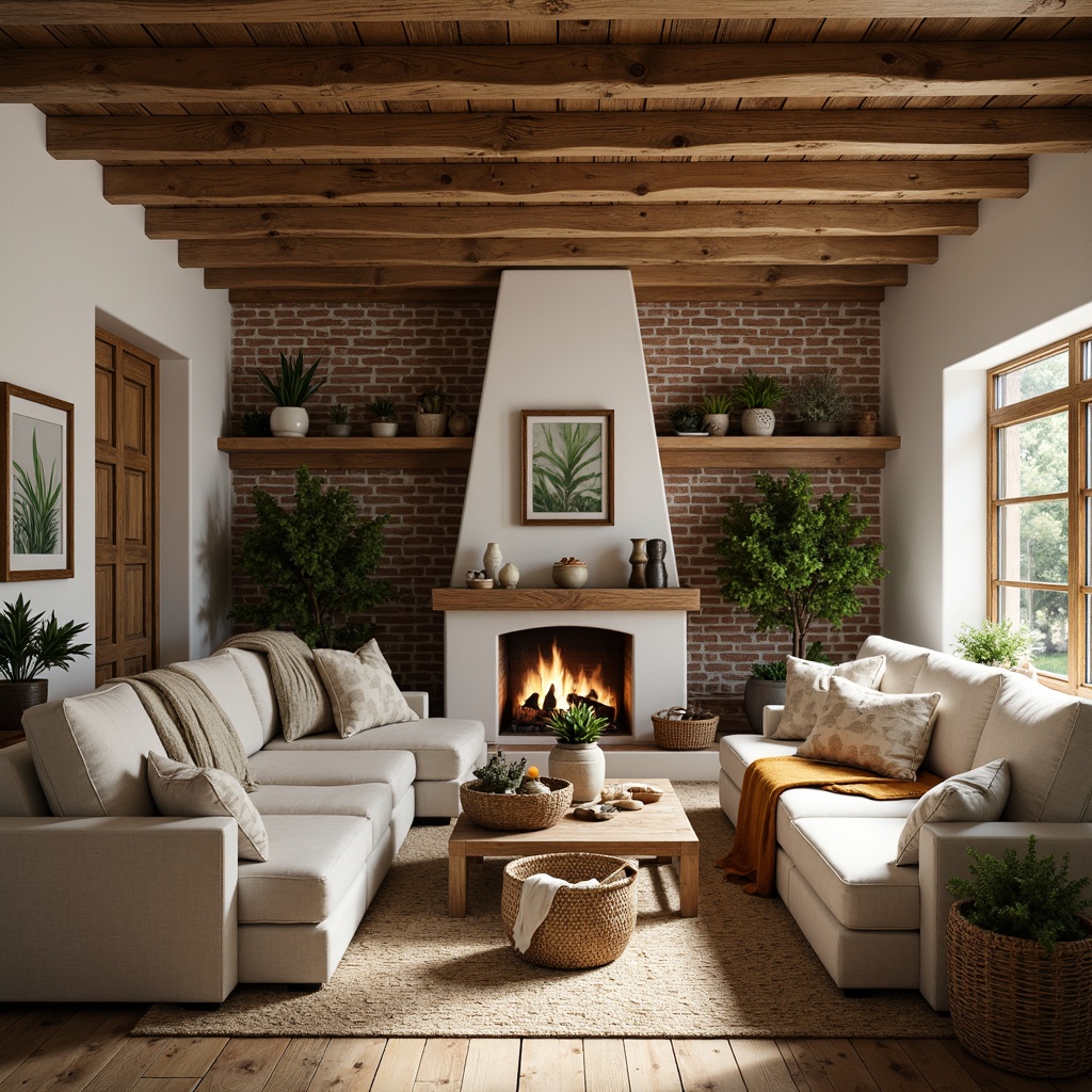 Prompt: Cozy farmhouse, natural earthy tones, rustic wooden beams, exposed brick walls, vintage metal decorations, distressed wood furniture, plush linen upholstery, woven baskets, potted greenery, warm candlelight, soft morning sunlight, shallow depth of field, 1/1 composition, realistic textures, ambient occlusion, creamy whites, weathered woods, natural fabrics, earthy ceramics, botanical prints, nature-inspired patterns.