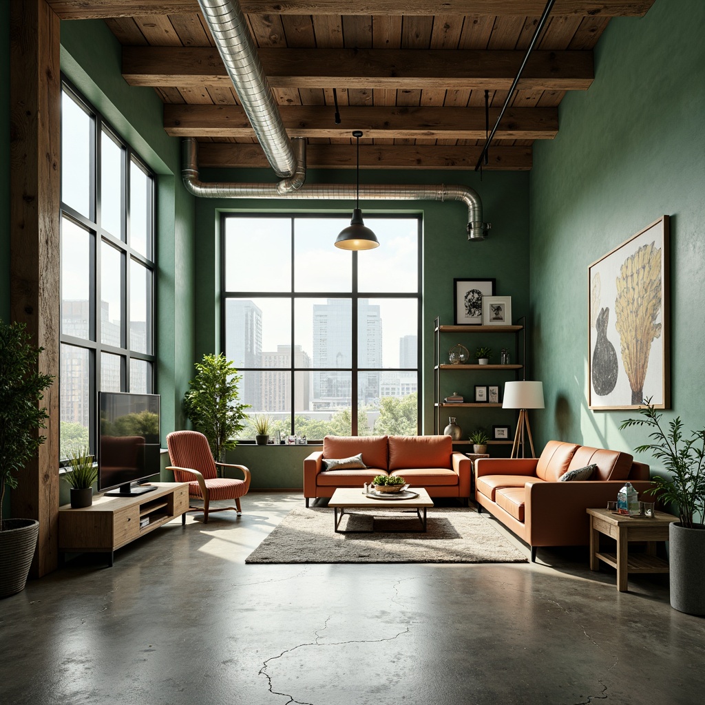 Prompt: Minimalist interior design, open-plan living space, high ceilings, floor-to-ceiling windows, natural light pouring in, sleek modern furniture, polished concrete floors, industrial-chic decor, green walls, potted plants, urban loft atmosphere, exposed ductwork, reclaimed wood accents, metallic lighting fixtures, bold color schemes, geometric patterns, abstract artwork, airy ambiance, soft warm glow, shallow depth of field, 3/4 composition, realistic textures, ambient occlusion.