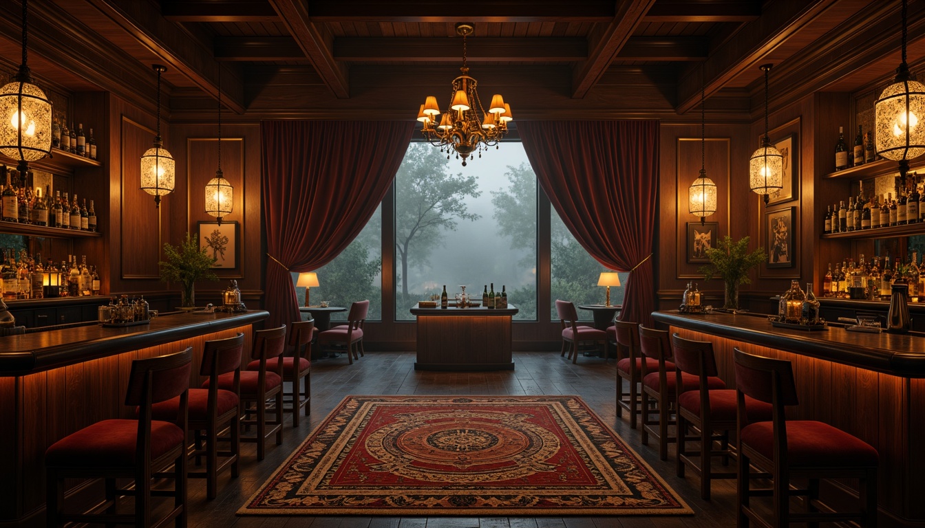 Prompt: Moody bar interior, rich wood tones, velvety dark fabrics, ornate metal fixtures, geometric patterned rugs, low-hanging chandeliers, warm golden lighting, dramatic shadows, atmospheric fog effect, dimly lit corners, eclectic decorative accents, vintage artifacts, abstract artwork, luxurious textures, heavy drapery, ambient occlusion, 1/1 composition, cinematic mood lighting.