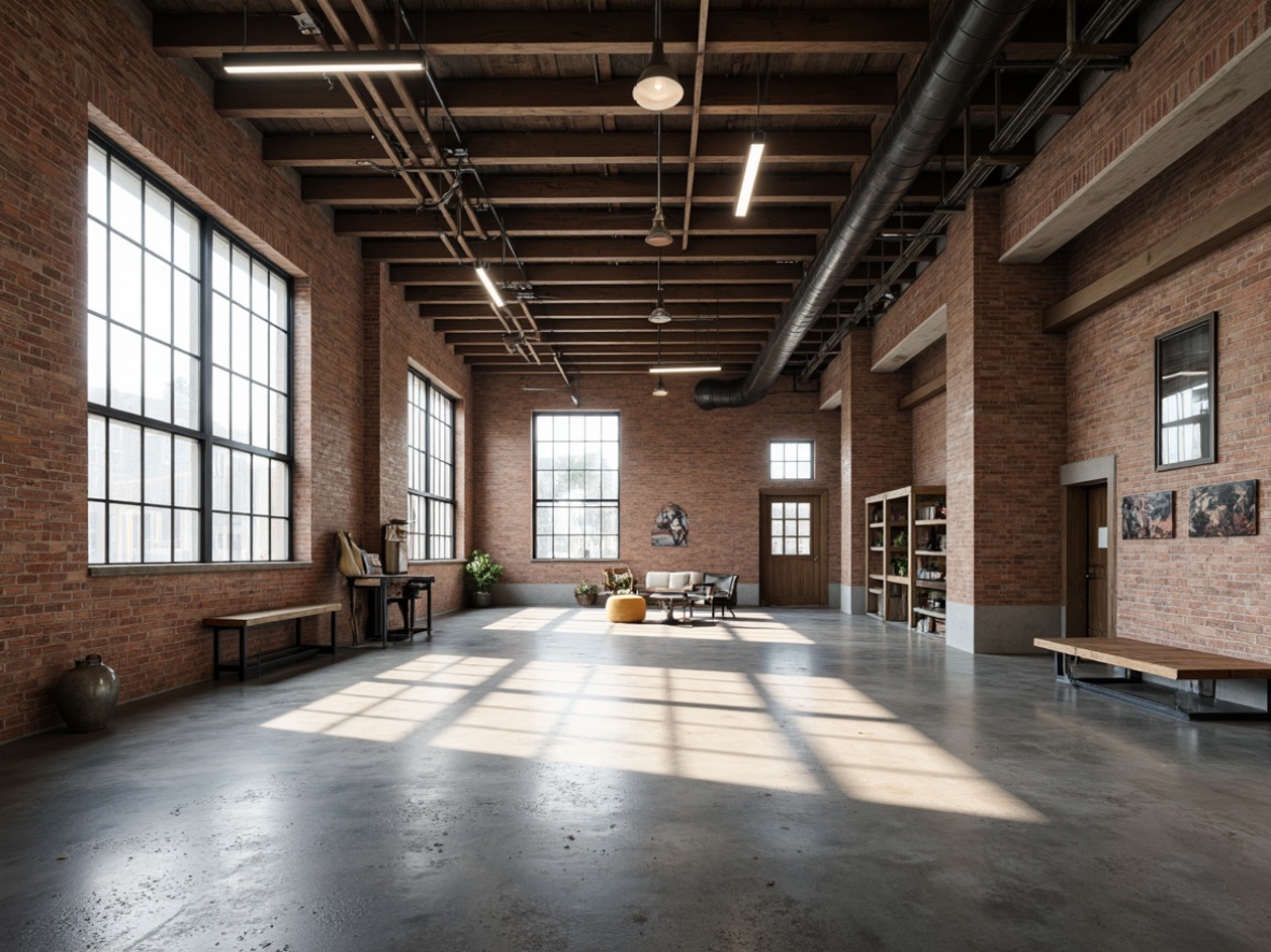 Prompt: Industrial warehouse, exposed brick walls, concrete floors, metal beams, minimalist decor, neutral tone color palette, soft natural light, large windows, industrial-style lighting fixtures, reclaimed wood accents, urban loft atmosphere, functional layout, open spaces, raw textures, subtle gradients, 1/1 composition, high contrast ratio, dramatic shadows, realistic reflections.