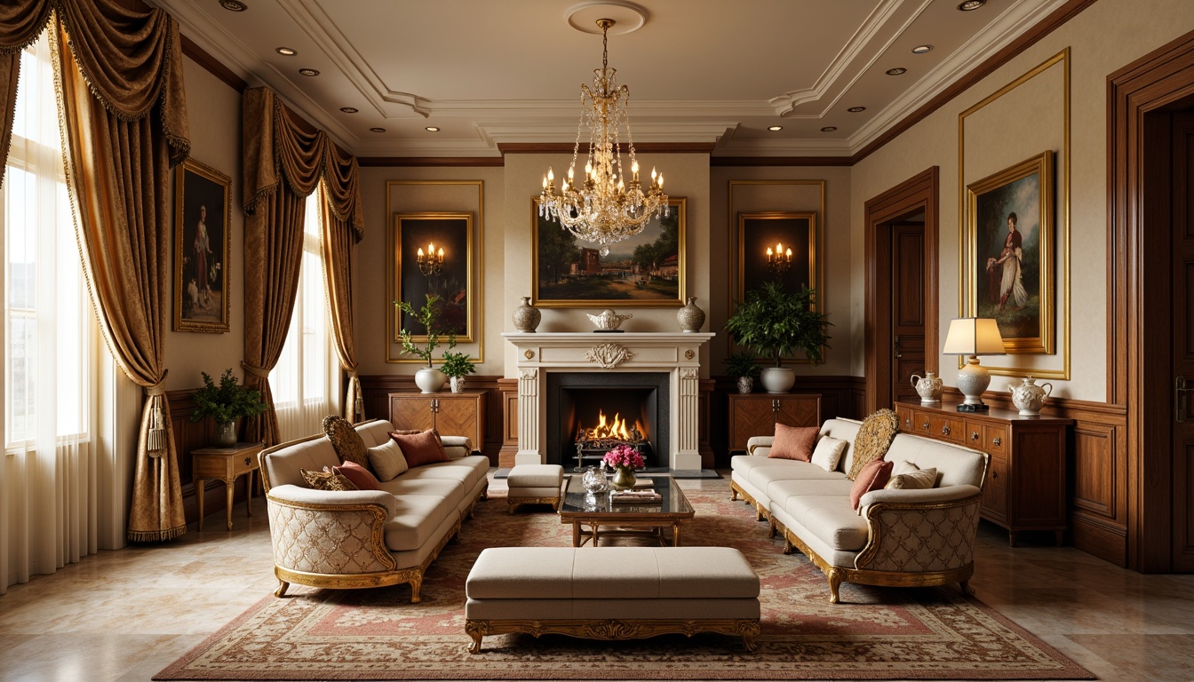 Prompt: Luxurious traditional living room, ornate wooden furniture, intricately carved armchairs, velvet sofas, golden accents, crystal chandeliers, rich tapestries, antique vases, elegant curtains, subtle lighting, warm beige walls, polished marble floors, classic oil paintings, vintage decorative items, cozy fireplaces, plush area rugs, sophisticated color palette, symmetrical composition, realistic textures, soft warm lighting.