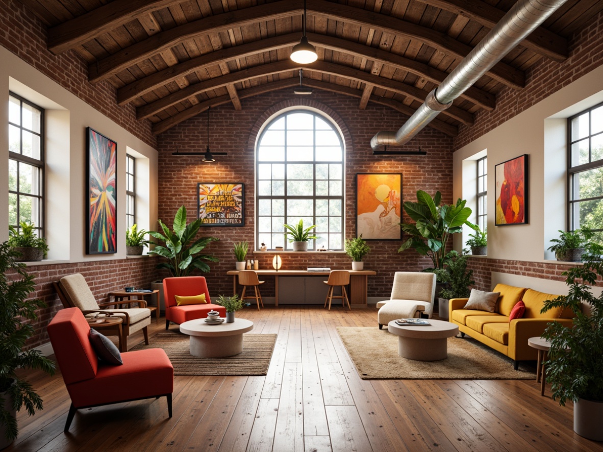 Prompt: Artistic studio, high ceilings, industrial lighting, wooden floors, exposed brick walls, eclectic furniture, vibrant color palette, natural textiles, abstract artwork, inspirational quotes, minimal ornamentation, open layout, functional zones, collaborative workspaces, flexible seating arrangements, acoustic panels, creative nooks, abundant natural light, airy atmosphere, soft warm lighting, shallow depth of field, 1/1 composition, realistic textures, ambient occlusion.