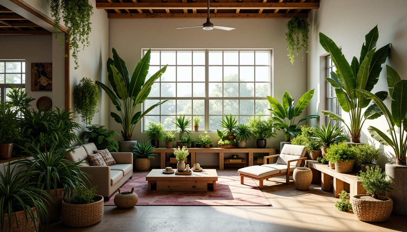 Prompt: Vibrant tropical plants, lush greenery, natural textures, woven baskets, wooden planters, modern minimalist decor, airy open spaces, warm sunny lighting, soft diffused shadows, 1/2 composition, shallow depth of field, realistic rendering, ambient occlusion, earthy tone color palette, organic shapes, geometric patterns, eclectic vintage accents, industrial chic furniture, urban loft atmosphere.