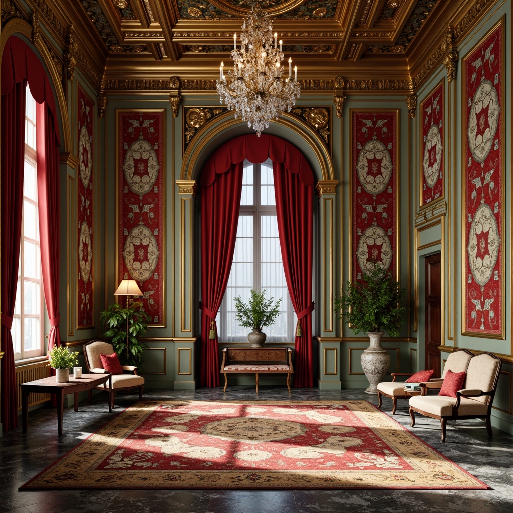 Prompt: Intricate ornate patterns, luxurious golden accents, lavish crystal chandeliers, rich velvet drapes, carved wooden furniture, elegant marble floors, ornamental metalwork, exquisite ceramic vases, delicate lace curtains, vibrant colorful rugs, soft warm lighting, shallow depth of field, 3/4 composition, realistic textures, ambient occlusion.