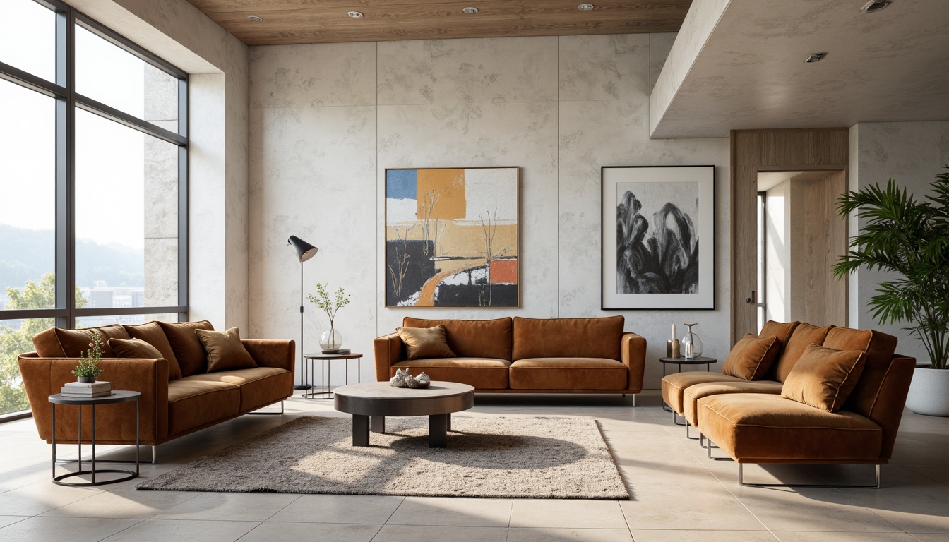 Prompt: Luxurious velvet fabrics, metallic accents, minimalist modern sofas, sleek low-profile chairs, polished chrome legs, subtle patterned rugs, neutral tone walls, floor-to-ceiling windows, natural light pouring in, airy open spaces, curved lines, geometric shapes, abstract artwork, ambient soft lighting, 1/1 composition, shallow depth of field, realistic textures.