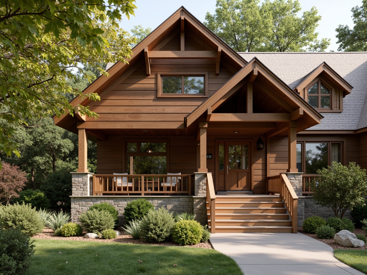 Prompt: Traditional house facade, horizontal siding, warm wood tones, rustic textures, natural stone accents, earthy color palette, cozy front porch, wooden columns, ornate trim details, inviting entryway, soft afternoon lighting, shallow depth of field, 1/1 composition, realistic wood grain, ambient occlusion.