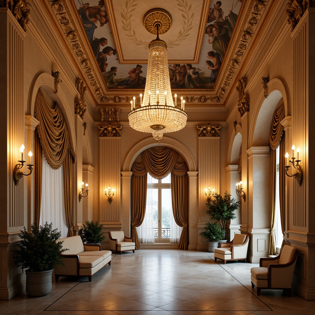 Prompt: Ornate chandeliers, grand crystal fixtures, warm golden lighting, soft ambient glow, richly textured walls, intricate moldings, ornamental cornices, majestic columns, sweeping archways, lavish frescoes, neoclassical details, symmetrical compositions, 1/1 aspect ratio, high-contrast lighting, dramatic shadows, luxurious fabrics, velvet drapes, marble floors, polished wooden furniture, antique bronze accents, warm beige tones, subtle cream hues.