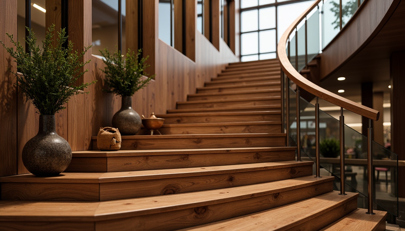 Prompt: Elegant staircase, luxurious hardwood steps, ornate iron railings, curved banister, polished chrome handrails, modern minimalist design, sleek glass panels, stainless steel cables, wooden newel posts, carved decorative accents, warm ambient lighting, shallow depth of field, 1/1 composition, realistic textures.