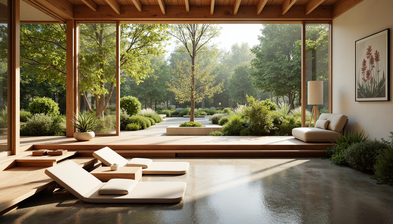 Prompt: Soothing wellness center, calming atmosphere, natural materials, wooden accents, plants, water features, peaceful music, comfortable seating areas, meditation rooms, yoga studios, floor-to-ceiling windows, abundance of natural light, warm color scheme, minimalist decor, calming color palette, subtle lighting, soft textures, organic shapes, nature-inspired artwork, calming scents, aromatherapy, relaxation lounges, healthy snack bars, refreshing beverages, serene outdoor gardens, lush greenery.