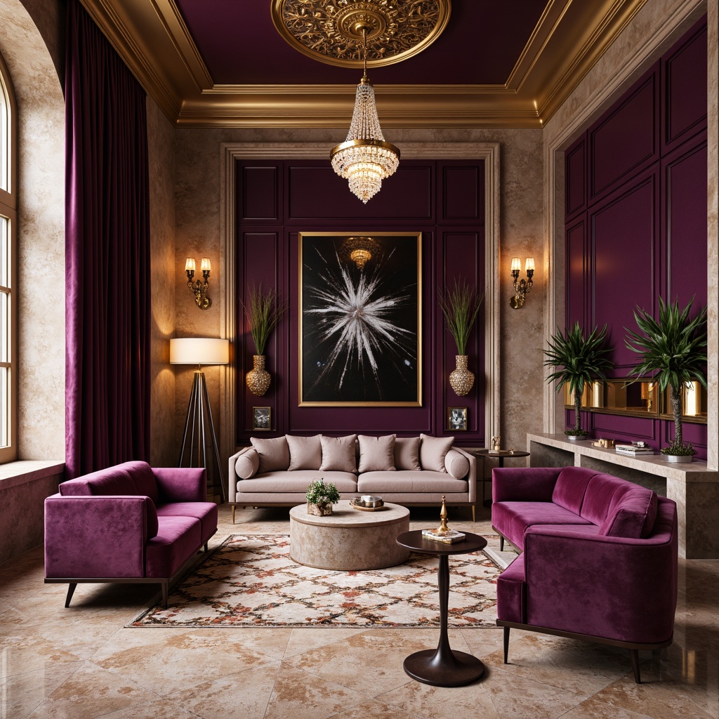 Prompt: Luxurious interior space, amethyst accent walls, rich jewel-toned velvet fabrics, ornate gold fixtures, polished marble floors, intricate tile mosaics, warm beige stone textures, lavish crystal chandeliers, soft ambient lighting, 1/2 composition, shallow depth of field, realistic reflections, detailed normal maps.