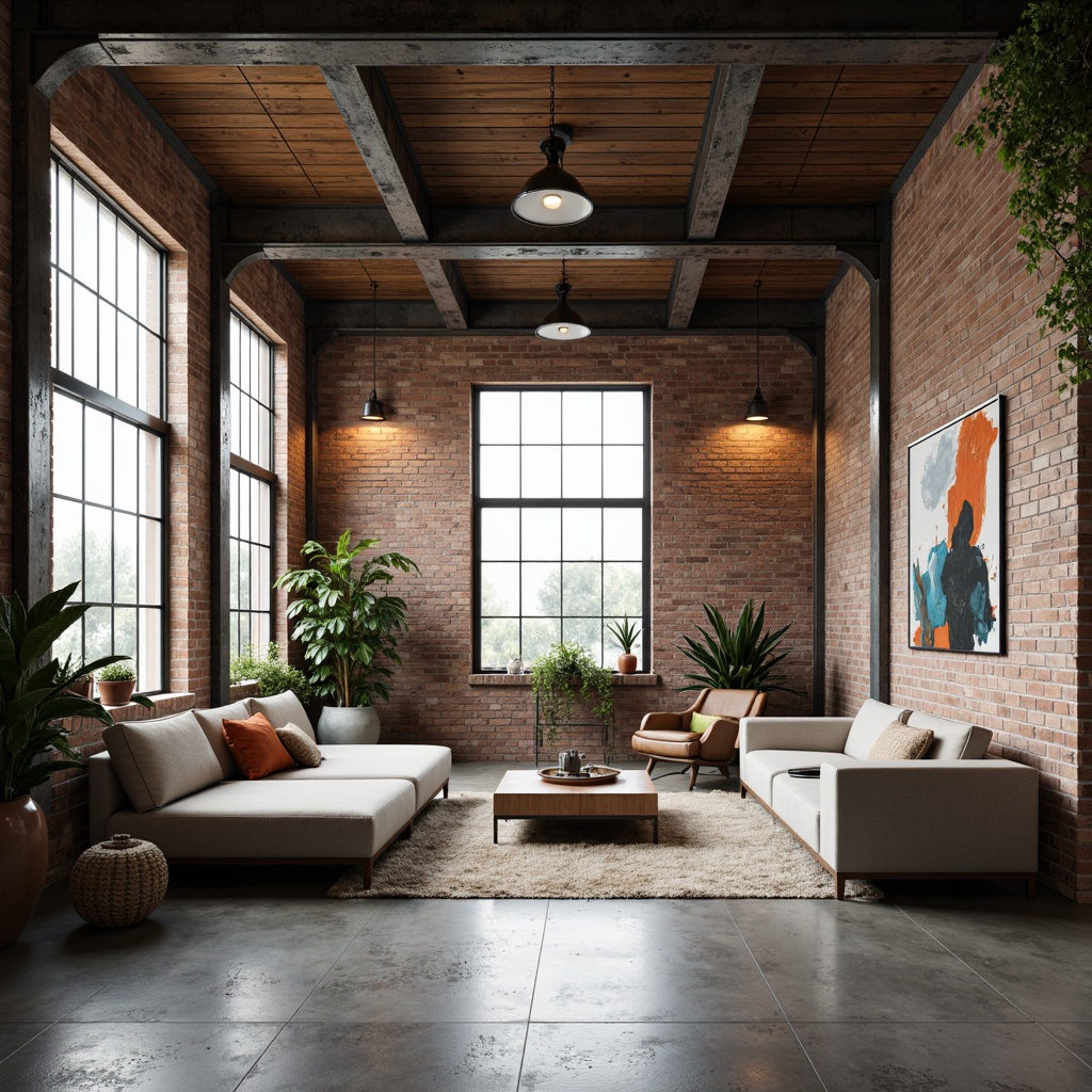 Prompt: Industrial chic open space, exposed brick walls, polished concrete floors, modern minimalist decor, sleek metal beams, reclaimed wood accents, large windows, natural light pouring in, airy atmosphere, cozy reading nooks, comfortable sectional sofas, industrial-style lighting fixtures, pendant lamps, greenery-filled planters, abstract artwork, urban loft vibe, soft warm glow, shallow depth of field, 2/3 composition, realistic textures, ambient occlusion.