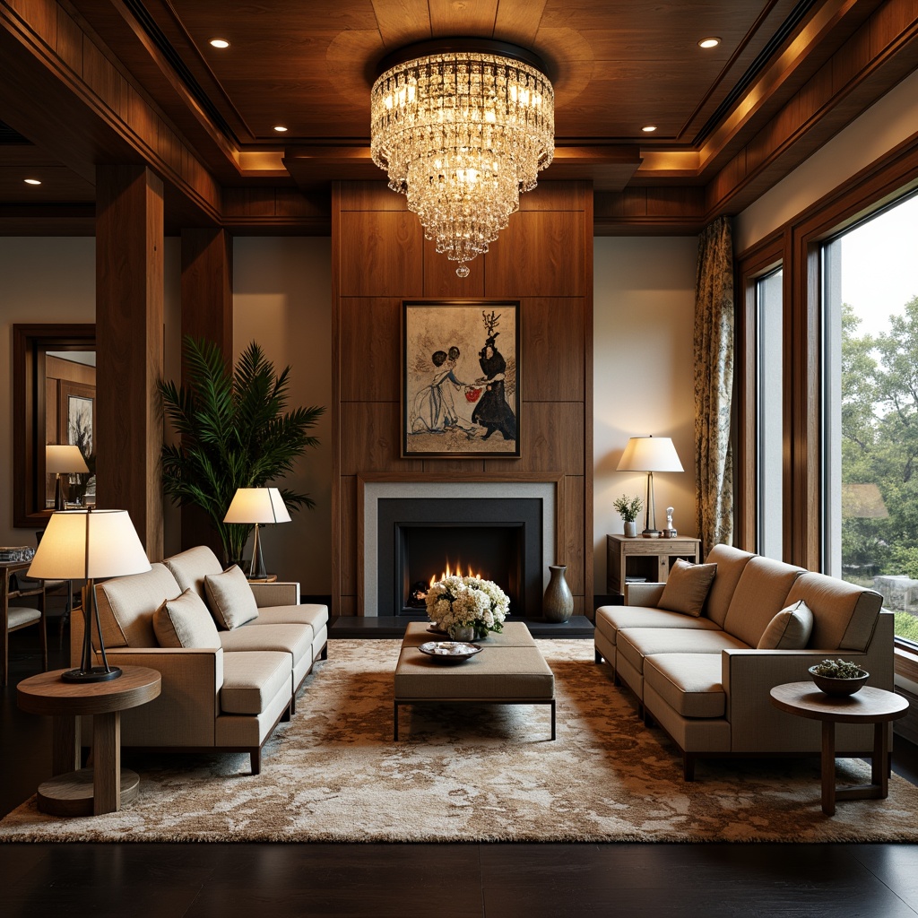 Prompt: Elegant living room, luxurious furniture, sophisticated decor, stylish lighting fixtures, crystal chandeliers, floor lamps, table lamps, pendant lights, warm ambiance, soft glowing illumination, cozy atmosphere, rich wood tones, plush carpets, modern art pieces, large windows, natural light pouring in, 1/1 composition, shallow depth of field, realistic textures.