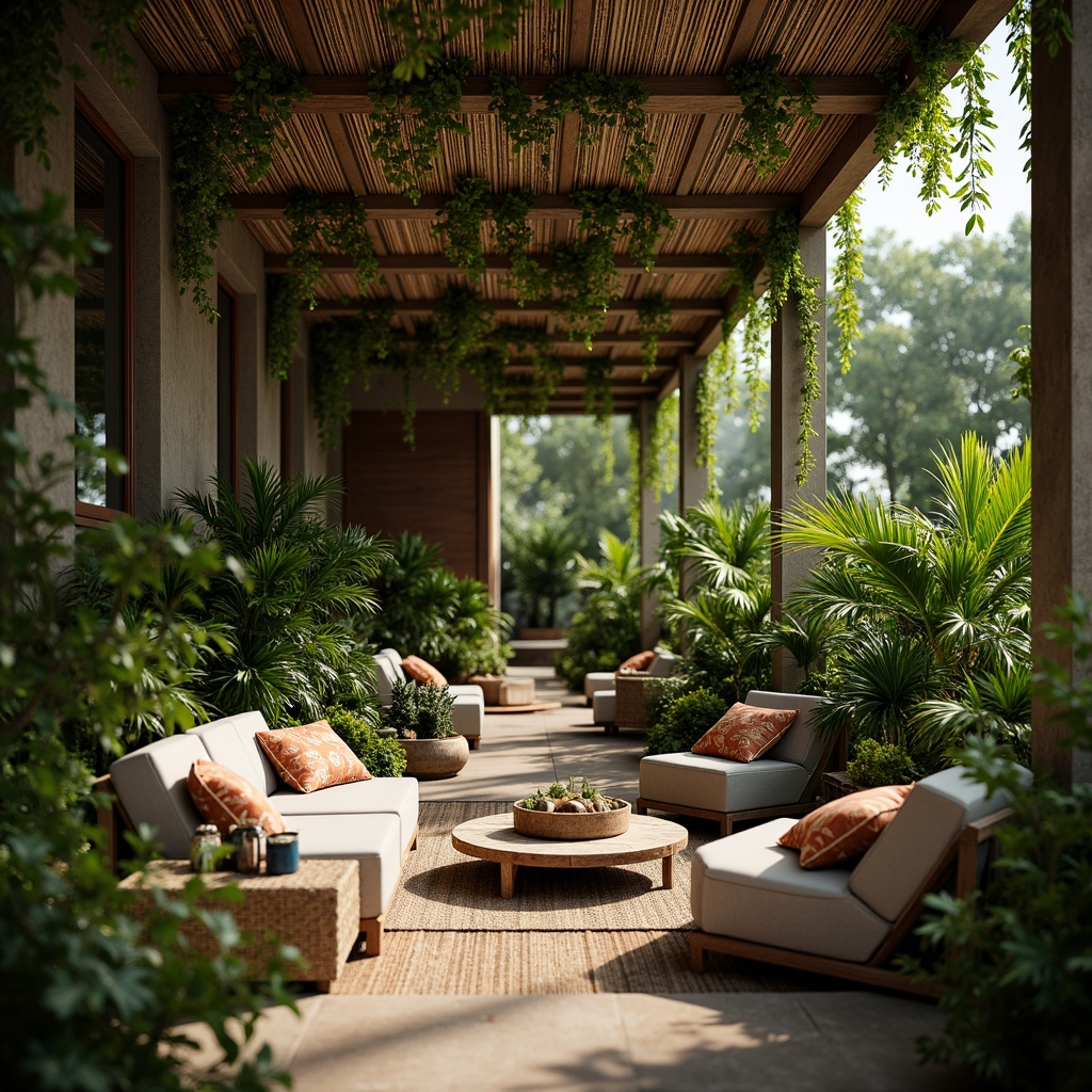 Prompt: Lush greenery, tropical plants, natural materials, earthy tones, warm ambient lighting, cozy reading nooks, plush furniture, woven textiles, rattan accents, wooden planters, leafy patterns, botanical prints, vibrant flowers, soothing colors, calm atmosphere, serenity, 1/1 composition, shallow depth of field, realistic textures, ambient occlusion.