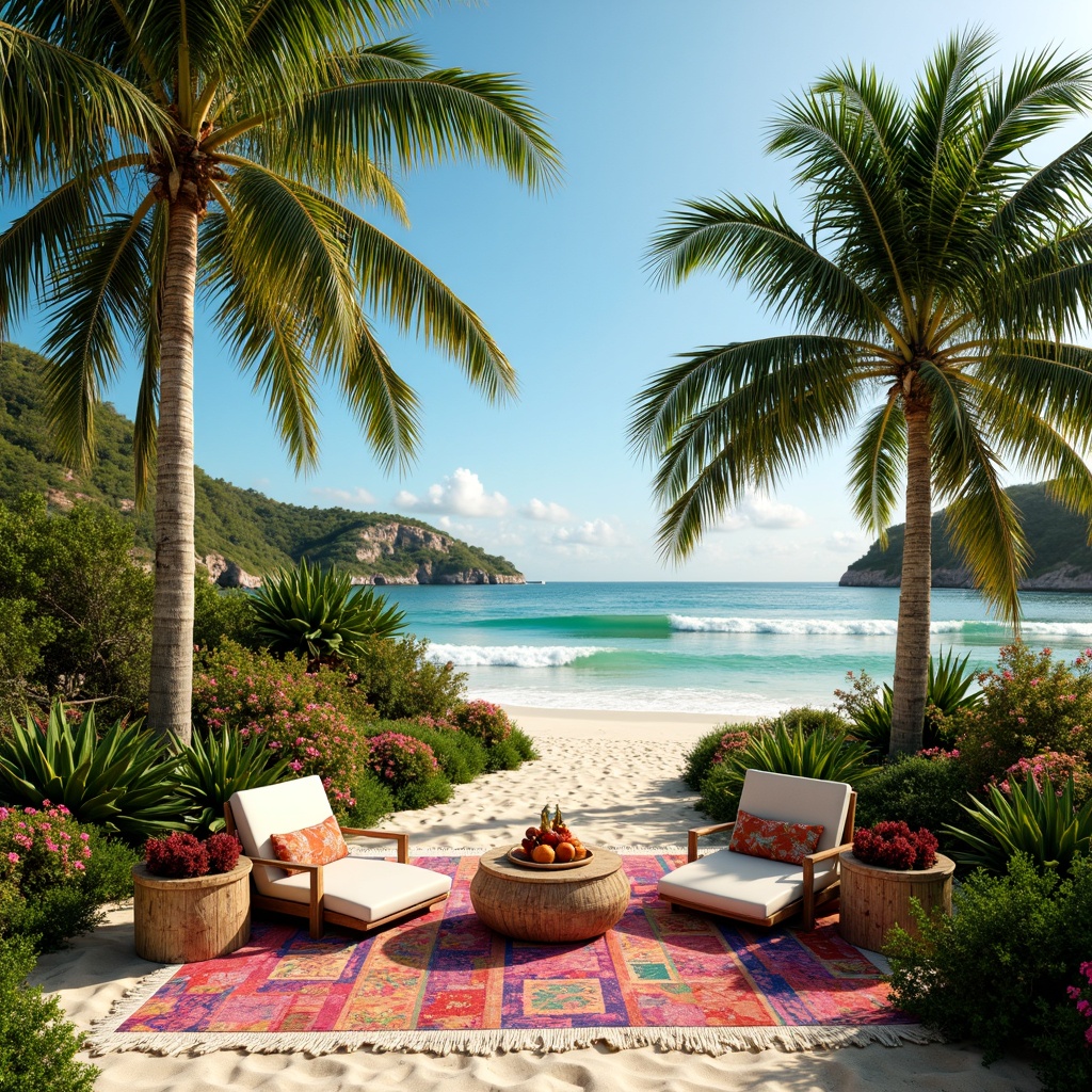 Prompt: Vibrant tropical island, lush green palm trees, exotic floral arrangements, warm sandy beaches, turquoise ocean waves, coral reef formations, bright colorful tiki torches, natural woven textiles, rattan furniture, distressed wood accents, bold geometric patterns, eclectic global inspiration, laid-back surfer vibe, sunny afternoon light, soft warm shadows, 1/1 composition, realistic textures, ambient occlusion.