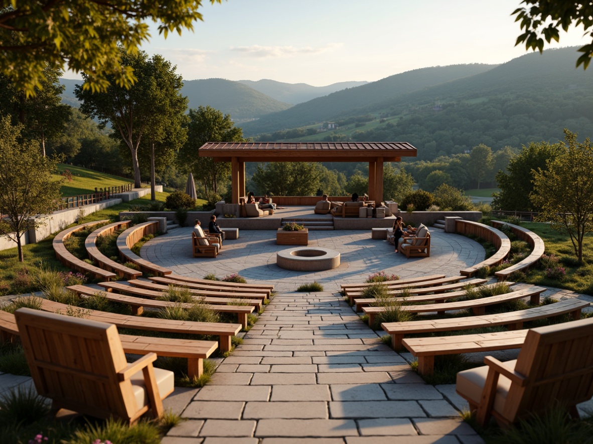 Prompt: Rustic amphitheater, craftsman-style wooden benches, curved seating arrangement, natural stone steps, lush greenery surroundings, earthy tones color palette, warm lighting ambiance, shallow depth of field, 3/4 composition, panoramic view, realistic textures, ambient occlusion, ornate metal handrails, decorative wooden accents, cozy throw blankets, scenic hillside views, serene atmosphere, soft focus background.