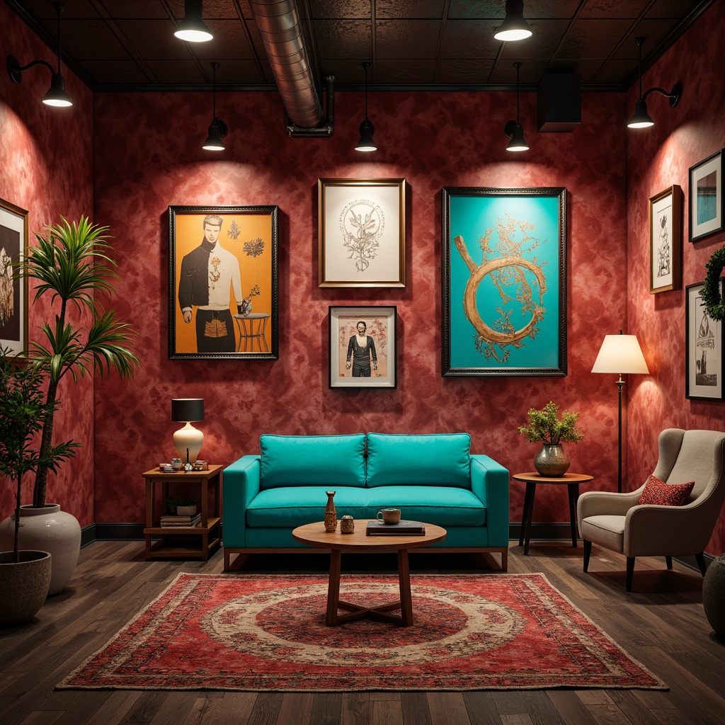 Prompt: Rich maroon walls, distressed textures, eclectic furniture, abstract artwork, ornate frames, vibrant turquoise accents, bold geometric patterns, industrial metal fixtures, reclaimed wood floors, avant-garde sculptures, atmospheric warm lighting, shallow depth of field, 1/2 composition, cinematic view, realistic reflections, ambient occlusion.