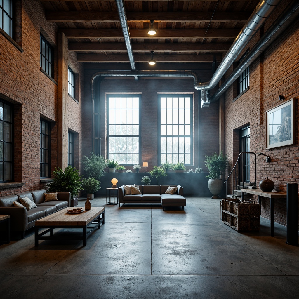 Prompt: Industrial warehouse, exposed brick walls, metal accents, rustic wooden beams, polished concrete floors, urban cityscape, atmospheric lighting, misty ambiance, shallow depth of field, 2/3 composition, gritty textures, weathered metallic surfaces, industrial machinery, functional pipes, sleek metal staircases, minimalist decor, reclaimed wood furniture, edgy modern aesthetic, cool tone color palette, softbox lighting, cinematic mood.