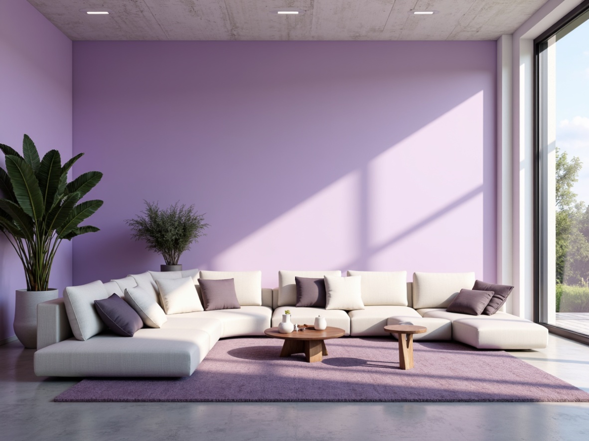 Prompt: Monochromatic purple hues, soft lavender accents, creamy whites, subtle grey undertones, minimalist decor, sleek lines, modern furniture, low-profile sofas, geometric coffee tables, floor-to-ceiling windows, natural light, soft warm glow, shallow depth of field, 1/1 composition, realistic textures, ambient occlusion.