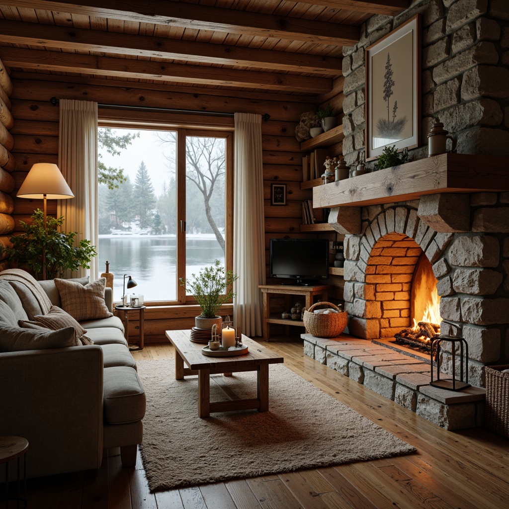 Prompt: Cozy cabin, rustic wooden walls, stone fireplace, plush throw blankets, woven baskets, vintage furniture, soft candlelight, warm beige tones, natural fiber rugs, earthy scent, crackling fire sounds, snowflakes falling outside, frozen lake scenery, evergreen trees, misty morning atmosphere, shallow depth of field, 1/1 composition, realistic textures, ambient occlusion.