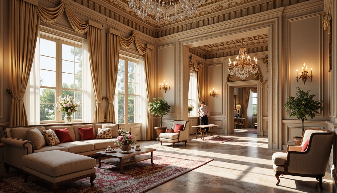 Prompt: Ornate palace, lavish furnishings, intricately carved wood, gilded accents, velvet upholstery, curved lines, cabriole legs, ornamental mirrors, crystal chandeliers, marble floors, grandiose proportions, soft pastel colors, delicate florals, romantic ambiance, warm candlelight, subtle sheen, 1/1 composition, shallow depth of field, realistic textures.