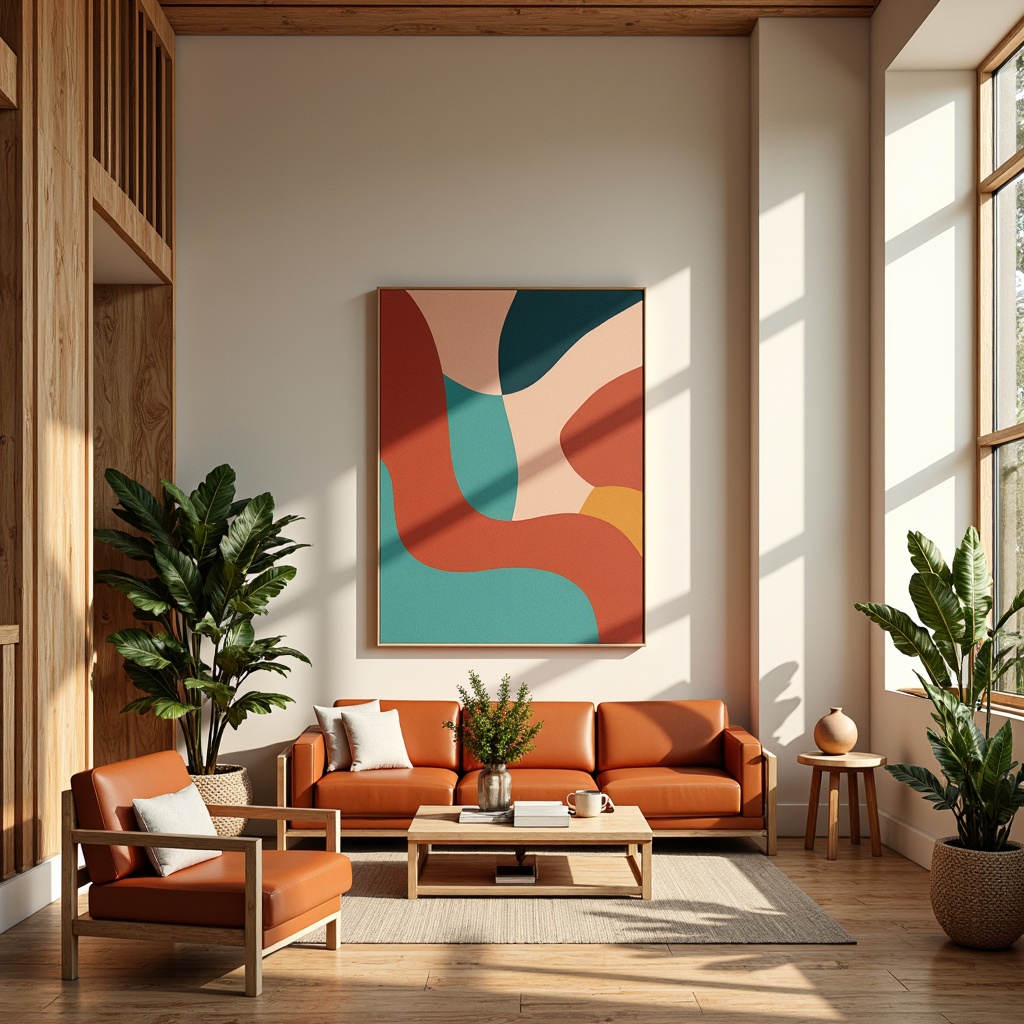 Prompt: Vibrant design studio, modern furniture, abstract art pieces, natural wood accents, creamy white walls, bold color blocking, warm golden lighting, shallow depth of field, 3/4 composition, panoramic view, realistic textures, ambient occlusion, earthy tone palette, rich turquoise hues, deep coral shades, soft peach undertones, matte finish, subtle gradient effects.