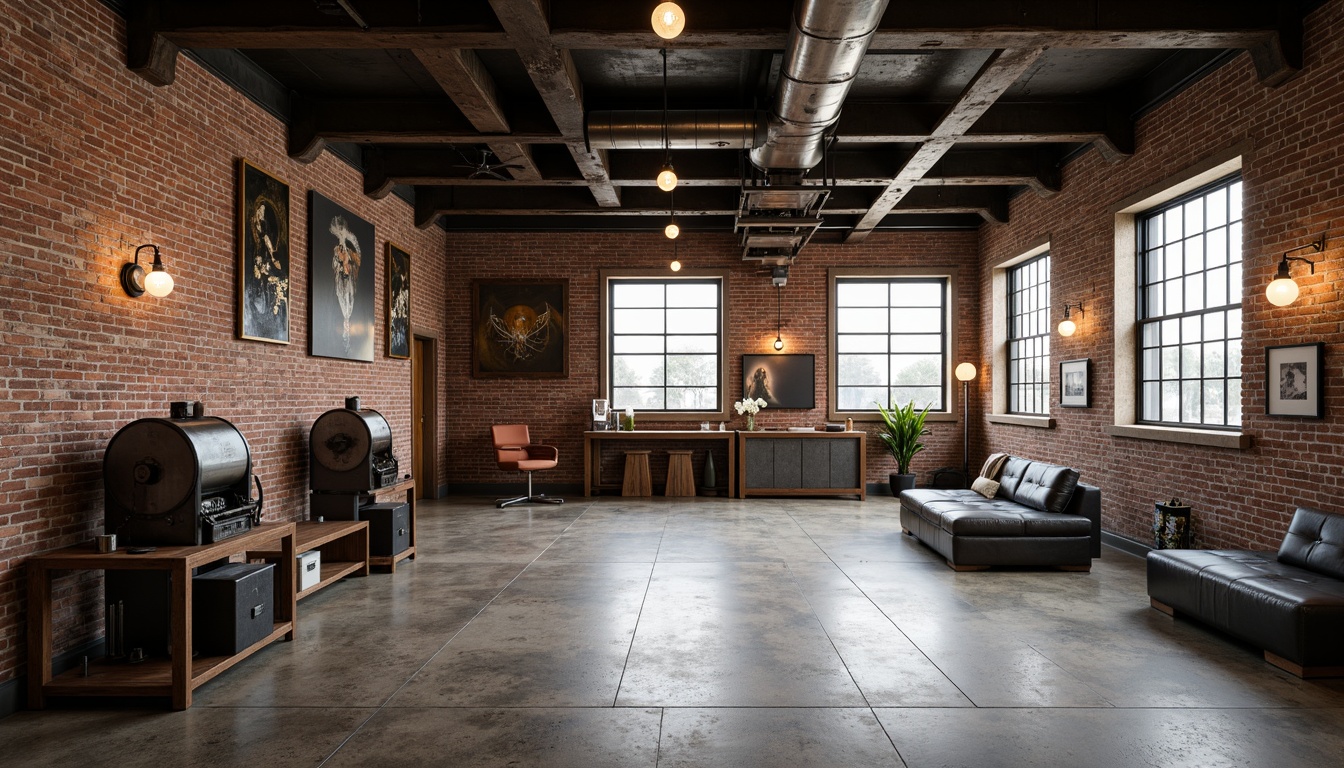 Prompt: Exposed brick walls, metal beams, reclaimed wood accents, industrial-style lighting fixtures, concrete floors, urban loft atmosphere, converted warehouse space, distressed finishes, rusty metal decor, vintage manufacturing equipment, Edison bulbs, modern minimalist furniture, open floor plan, high ceilings, natural light pouring in, gritty urban feel, desaturated color palette, realistic textures, cinematic lighting, shallow depth of field, 2/3 composition.