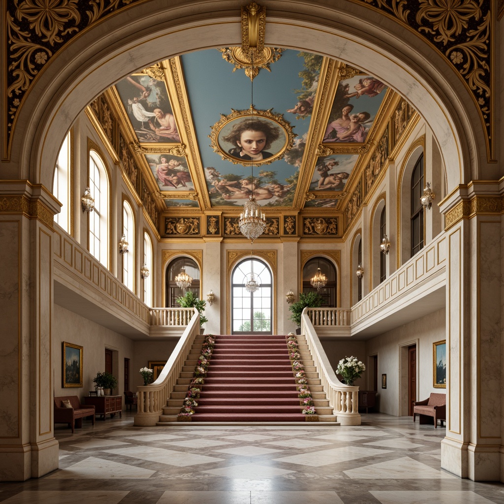 Prompt: Opulent museum entrance, grand staircase, ornate gold accents, intricate marble patterns, lavish chandeliers, delicate frescoes, Rococo-inspired architectural details, curved lines, soft pastel colors, luxurious velvet drapes, gilded frames, antique furniture, refined ornateness, subtle lighting, dramatic shadows, 1/2 composition, low-angle shot, warm color tone, high-contrast ratio, realistic textures, ambient occlusion.