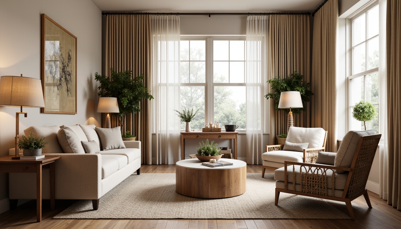 Prompt: Plush velvet sofas, soft cotton upholstery, woven wicker armchairs, natural linen drapes, subtle herringbone patterns, calming beige tones, rich walnut wood accents, elegant floor lamps, cozy throw blankets, warm ambient lighting, 1/1 composition, realistic fabric textures, shallow depth of field.