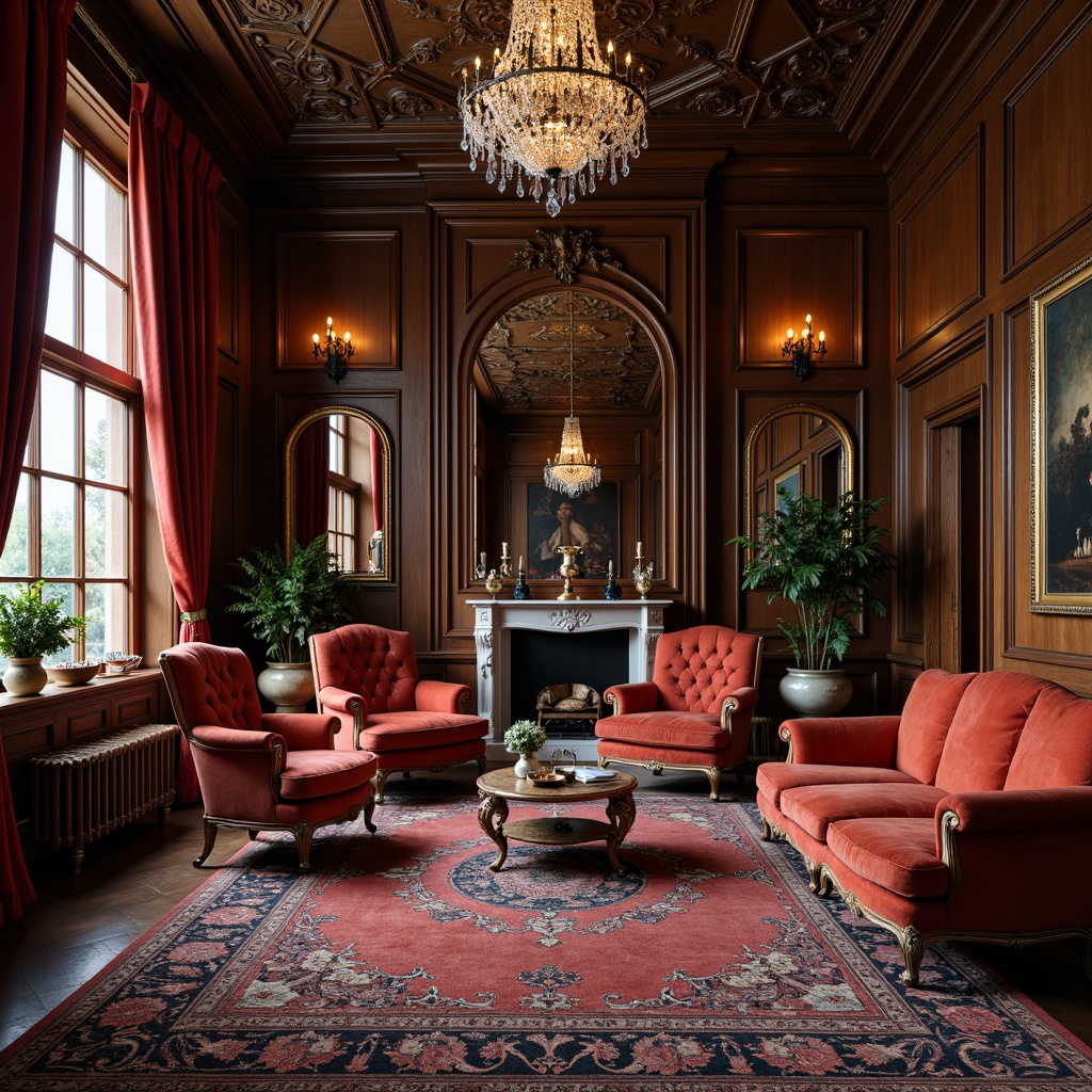 Prompt: Ornate velvet armchairs, intricately carved wooden cabinets, richly patterned rugs, ornamental mirrors, crystal chandeliers, lavish drapery, tufted sofas, antique vases, dark wood paneling, intricate moldings, luxurious fabrics, heavy curtains, dramatic lighting, warm color palette, opulent textures, highly detailed ornaments, 3/4 composition, shallow depth of field, realistic reflections.