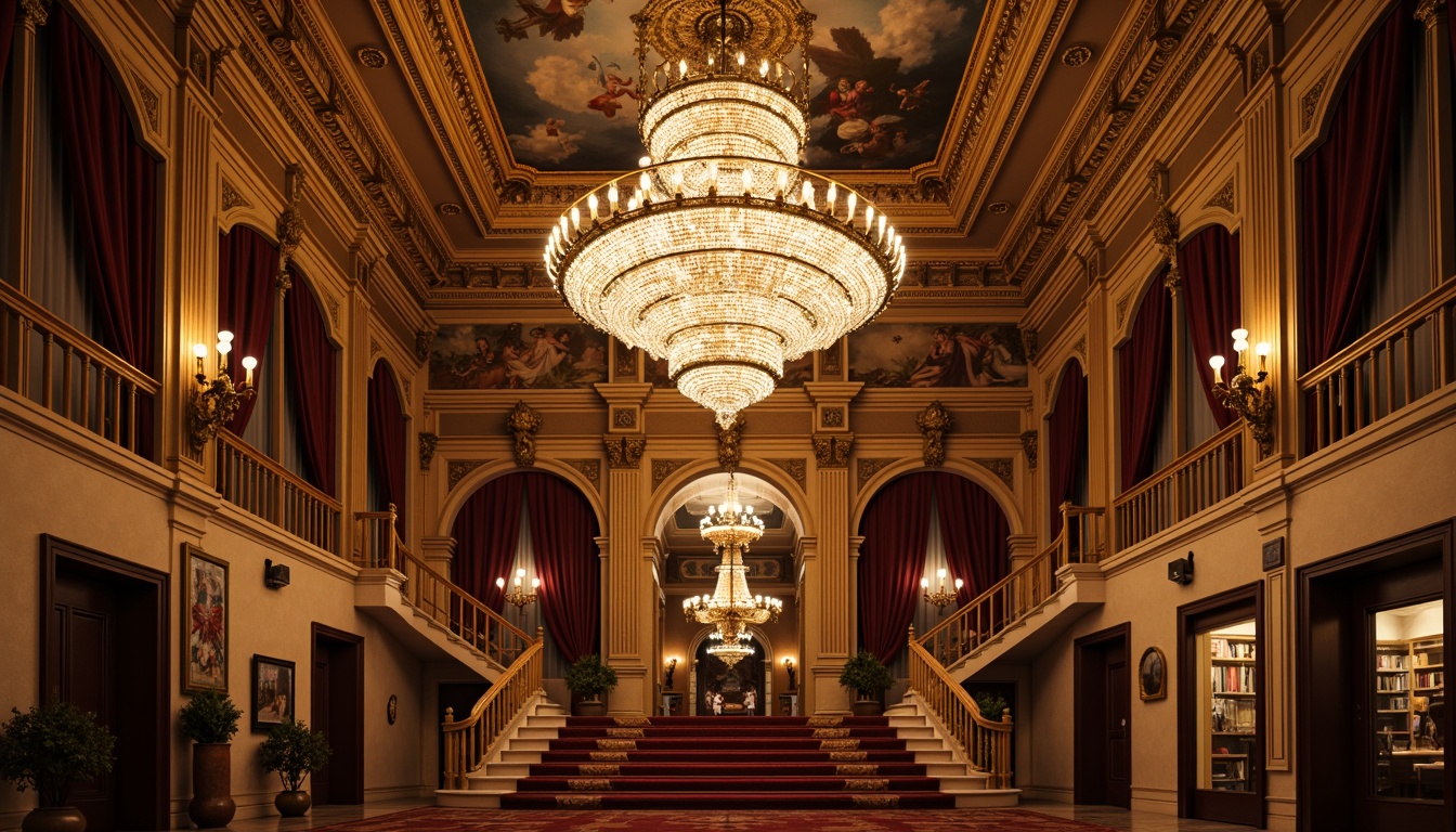 Prompt: Ornate chandeliers, crystal droplets, golden accents, grand ballrooms, frescoed ceilings, rich wood tones, luxurious fabrics, intricate carvings, majestic staircases, opulent drapery, warm candelabras, soft diffused lighting, ambient glow, 3/4 composition, shallow depth of field, realistic textures, detailed moldings.