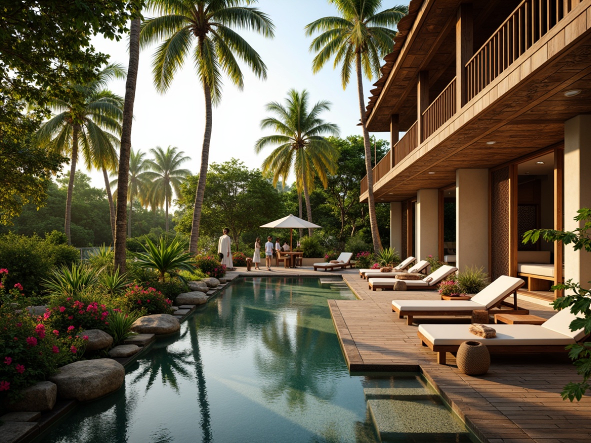 Prompt: Lush tropical gardens, vibrant hibiscus flowers, swaying palm trees, tranquil water features, infinity pools, wooden decking, natural stone walls, bamboo roofing, exotic hardwood floors, spacious open-air lounges, rattan furniture, colorful tribal patterns, warm golden lighting, soft misting systems, 1/1 composition, relaxed shallow depth of field, serene ambiance, calming soundscapes, luxurious amenities, pampering spa facilities.