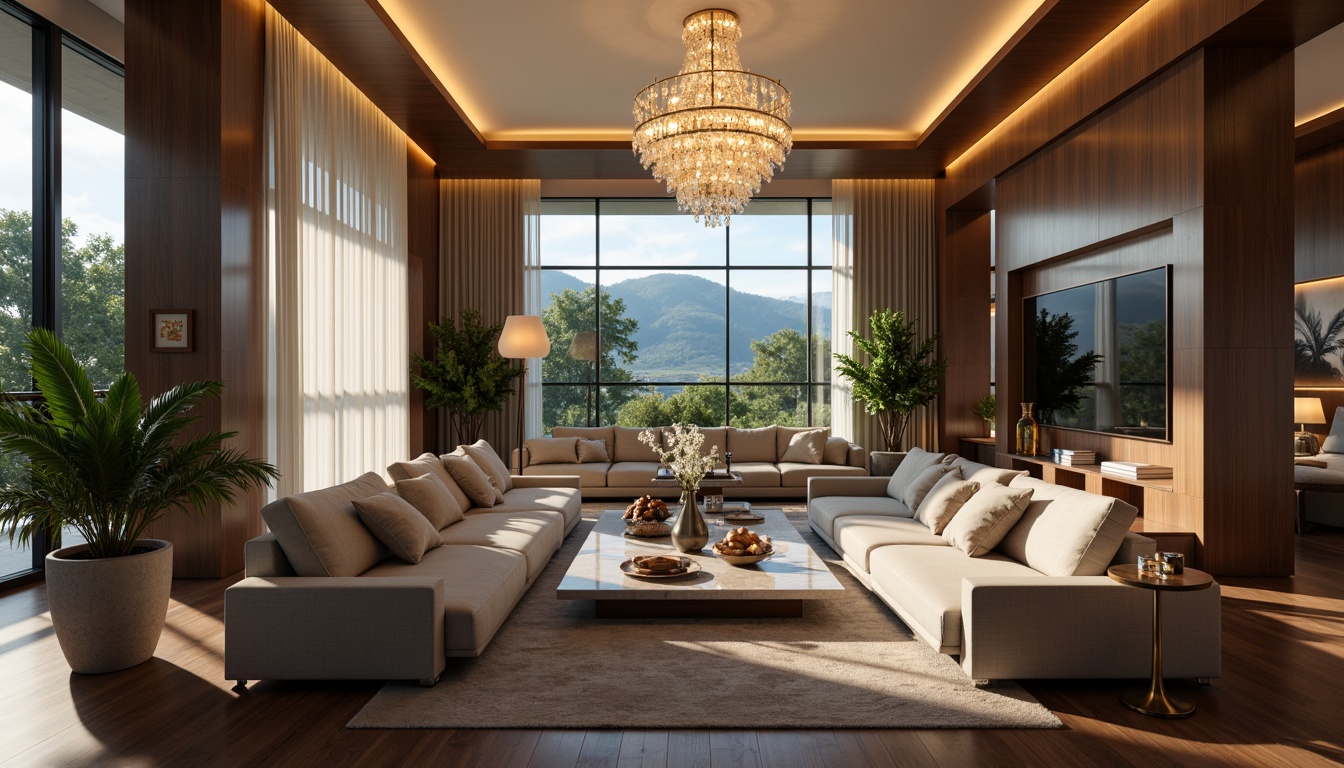 Prompt: Modern living room, luxurious chandelier, crystal pendant lights, warm ambient glow, cozy atmosphere, plush sofas, marble coffee tables, sleek wooden flooring, floor-to-ceiling windows, natural daylight, soft warm lighting, shallow depth of field, 3/4 composition, realistic textures, ambient occlusion.