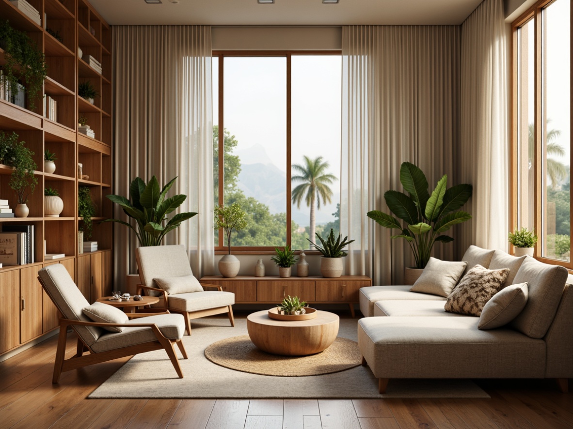 Prompt: Cozy living room, plush sofa, ergonomic chairs, wooden coffee table, potted plants, soft warm lighting, large windows, natural fabrics, minimalist decor, functional shelving units, hidden storage compartments, circular rug, warm beige colors, inviting atmosphere, relaxed ambiance, 1/1 composition, shallow depth of field, realistic textures.