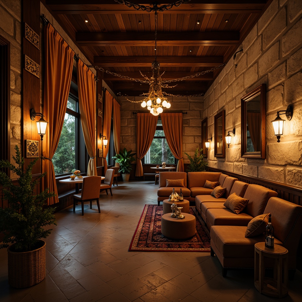 Prompt: Earthy tones, natural materials, wooden accents, stone walls, rustic metal fixtures, warm lantern lighting, cozy seating areas, intimate performance spaces, ornate wooden trim, rich velvet drapes, vintage decorative elements, distressed finishes, earthy brown color scheme, soft golden lighting, 1/2 composition, shallow depth of field, realistic textures, ambient occlusion.