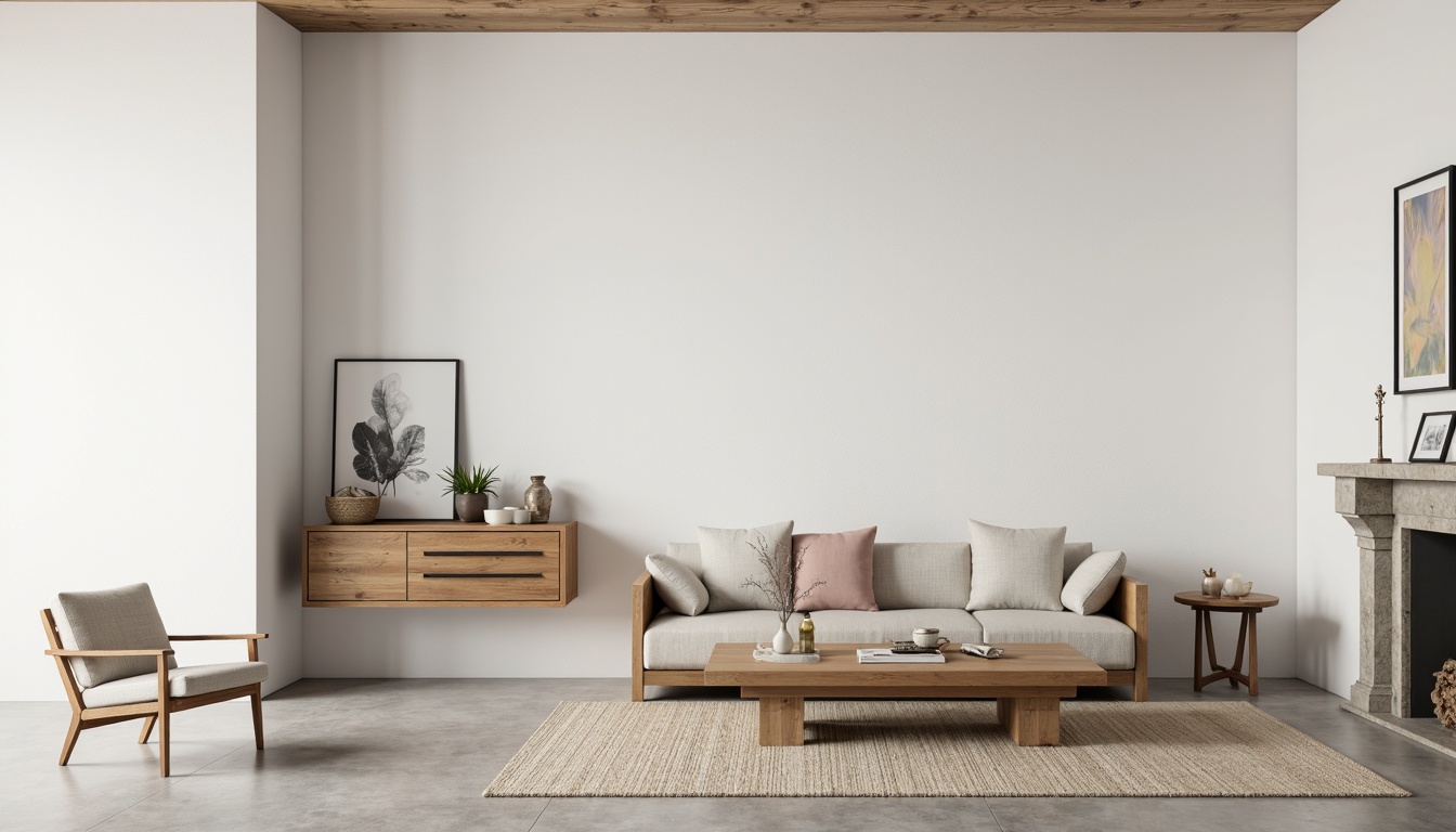 Prompt: Minimalist interior, white walls, polished concrete floors, sleek wooden furniture, sparse decorative objects, subtle texture contrasts, soft diffused lighting, warm beige tones, industrial-chic metal accents, reclaimed wood features, natural stone elements, earthy color palette, calm atmosphere, shallow depth of field, 1/1 composition, realistic textures, ambient occlusion.