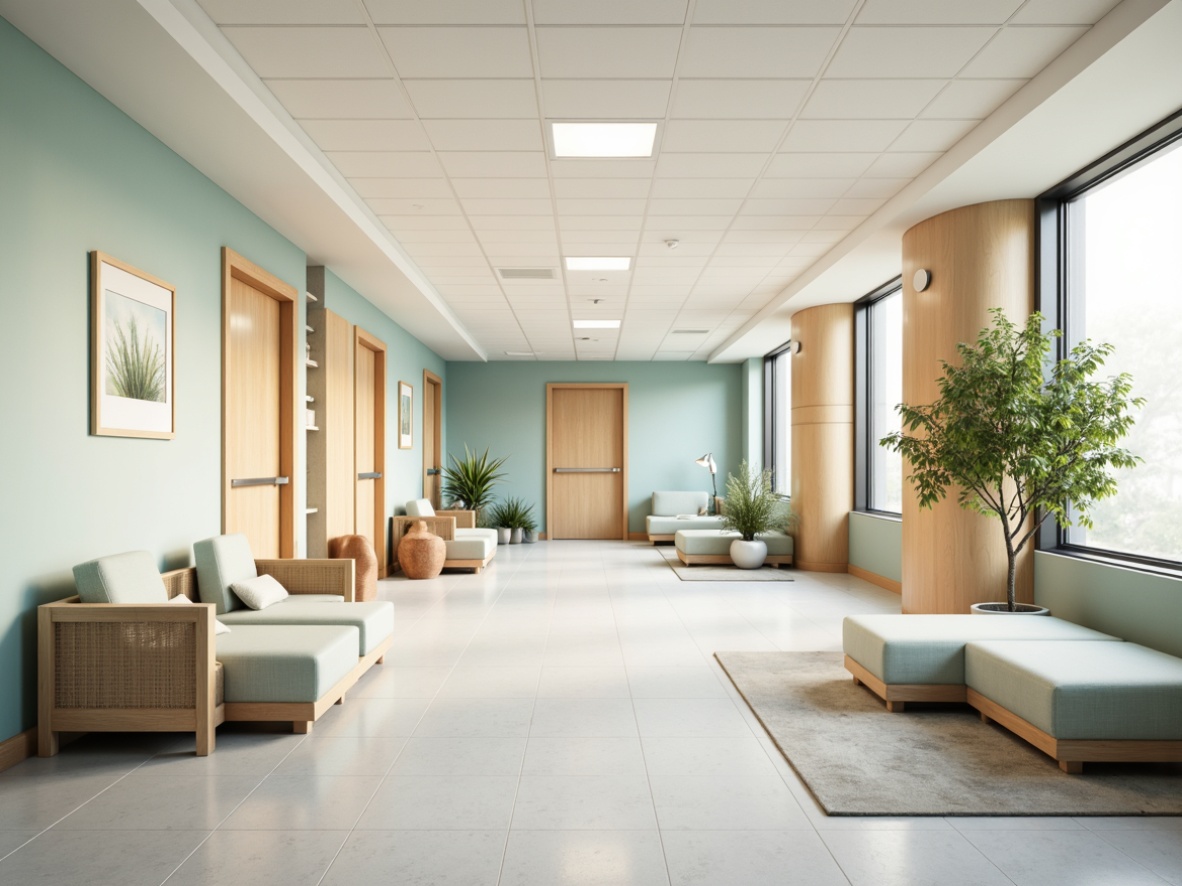 Prompt: \Soothing hospital interior, calming color palette, gentle pastel hues, soft whites, creamy beiges, muted blues, pale greens, warm wood accents, natural textiles, comfortable furnishings, rounded corners, minimalist decor, ample natural light, diffused overhead lighting, subtle shading, realistic reflections, 1/1 composition, inviting atmosphere.\