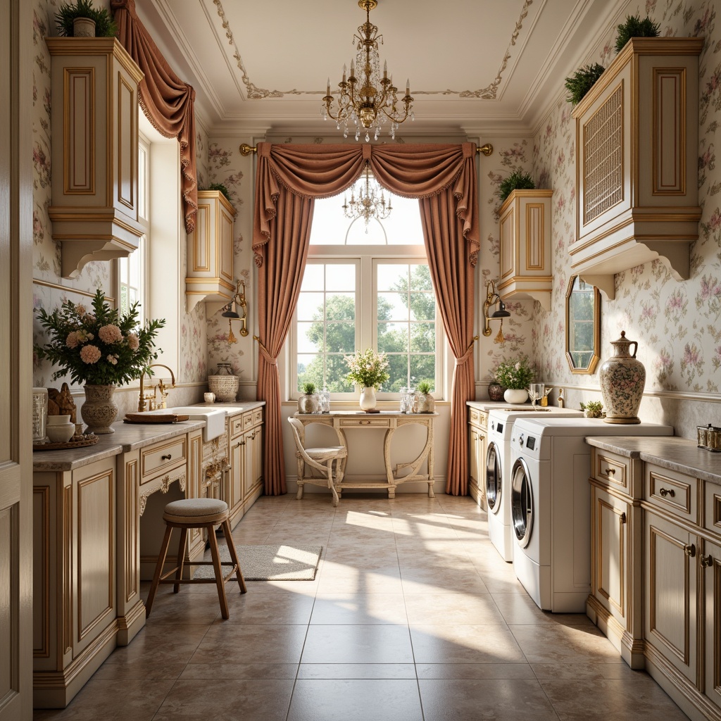 Prompt: \Rococo inspired laundry room, ornate wooden cabinets, soft pastel colors, delicate floral patterns, intricate carvings, gilded accents, luxurious velvet fabrics, crystal chandeliers, marble countertops, curved legged tables, dainty porcelain vases, lace trimmed curtains, warm golden lighting, shallow depth of field, 1/1 composition, realistic textures, ambient occlusion.\Let me know if you need any adjustments!