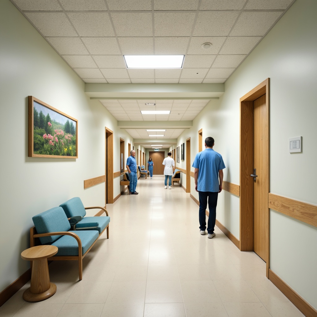 Prompt: Calming hospital corridors, soft pastel colors, pale blue accents, creamy whites, warm beige tones, gentle green hues, natural wood textures, comfortable seating areas, soothing artwork, subtle lighting fixtures, minimal ornamentation, clean lines, simple forms, accessible wayfinding systems, non-slip flooring, acoustic ceiling tiles, sound-absorbing materials, bright waiting areas, calm ambiance, warm color temperatures, 1/1 composition, soft focus, shallow depth of field.