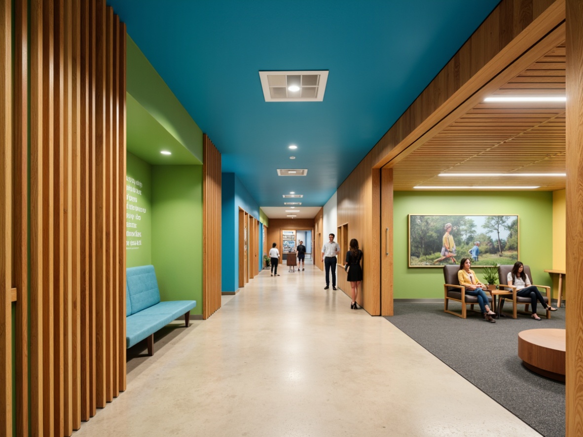 Prompt: Vibrant university hallways, rich wood accents, soothing green walls, bold blue ceilings, neutral beige floors, modern minimalist furniture, sleek metal fixtures, warm task lighting, cozy reading nooks, collaborative open spaces, inspirational quotes, motivational graphics, eclectic artwork, natural textiles, earthy tones, harmonious color balance, calming atmosphere, stimulating creativity, 2/3 composition, softbox lighting, realistic rendering.