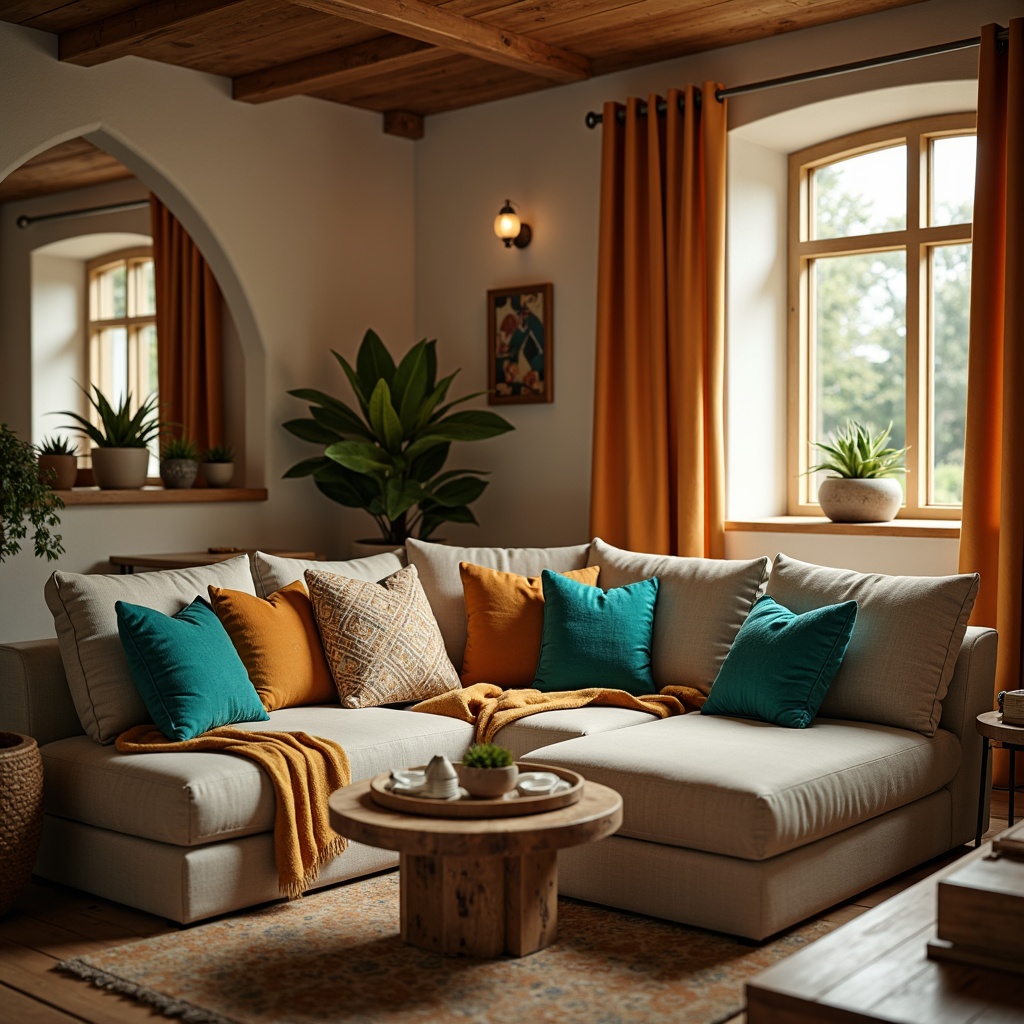 Prompt: Cozy living room, plush throw pillows, soft velvet upholstery, warm beige walls, natural wood flooring, Moroccan-inspired geometric patterns, vibrant turquoise accents, comfortable sectional sofas, rustic wooden coffee tables, ambient warm lighting, shallow depth of field, 1/1 composition, realistic textures, subtle shading.