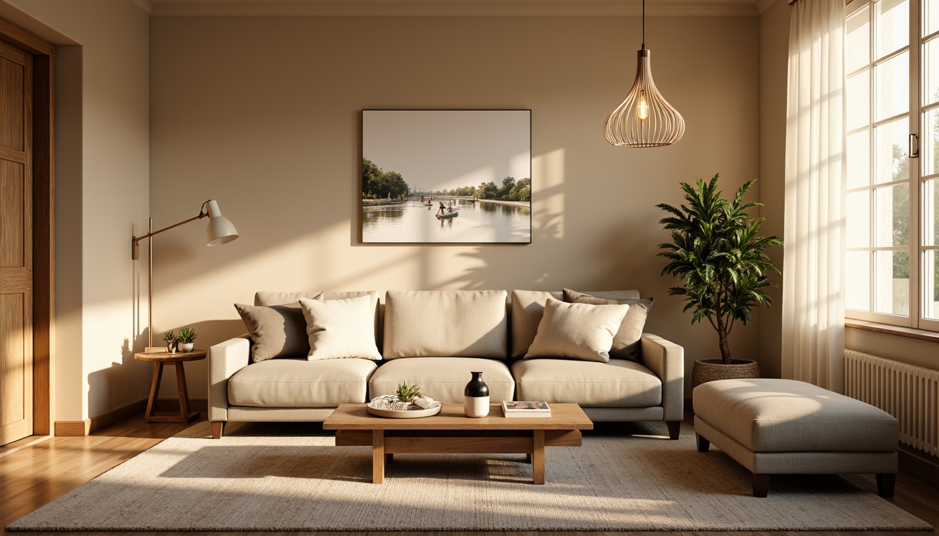 Prompt: Cozy living room, warm beige walls, comfortable couch, soft cushions, wooden coffee table, modern floor lamp, elegant chandelier, warm white lighting, subtle shadows, ambient glow, 1/1 composition, shallow depth of field, realistic textures, natural daylight, afternoon sunbeams, warm color temperature, relaxing atmosphere.